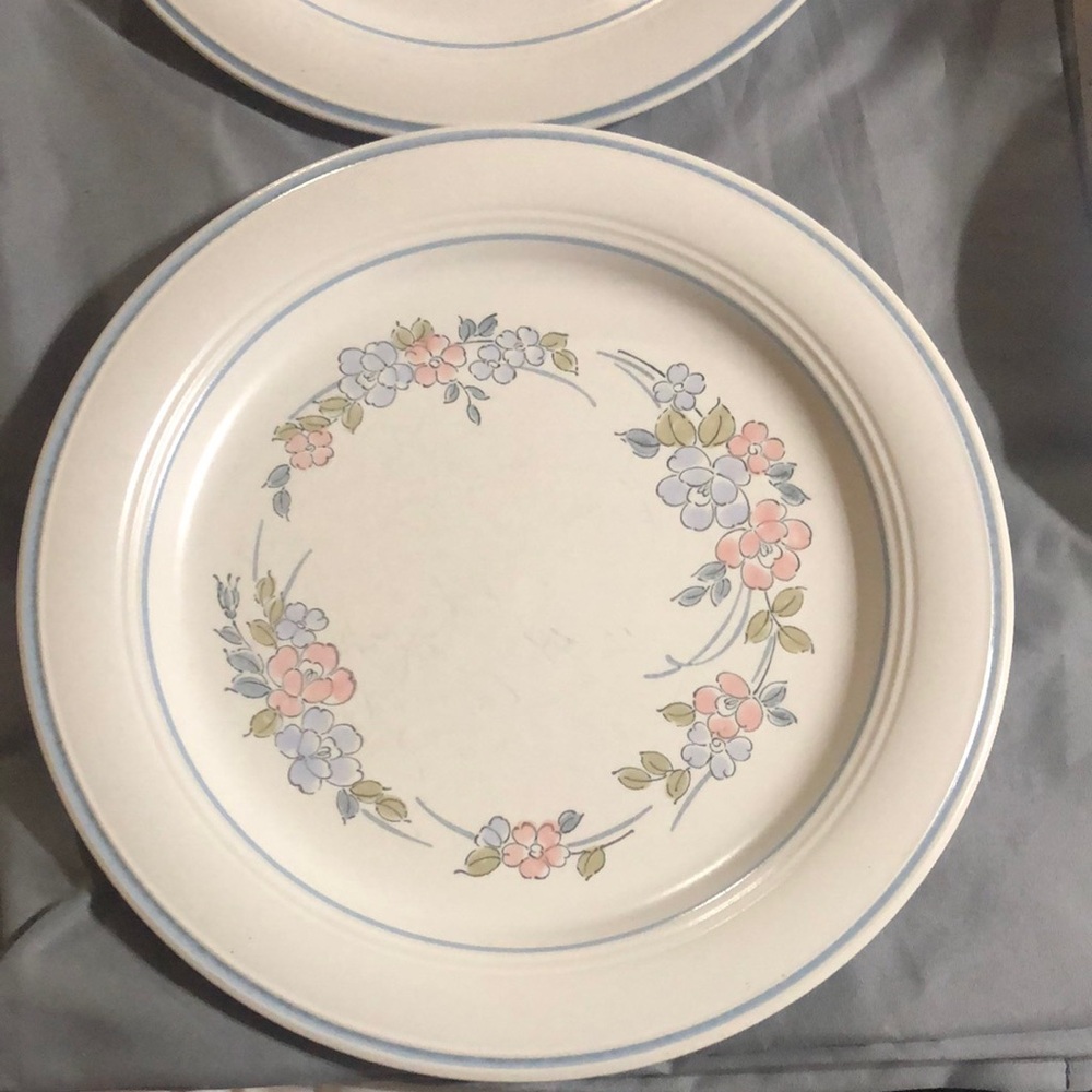 Two Classic Floral Stoneware Dinner Plates - Pastel Pink & Blue